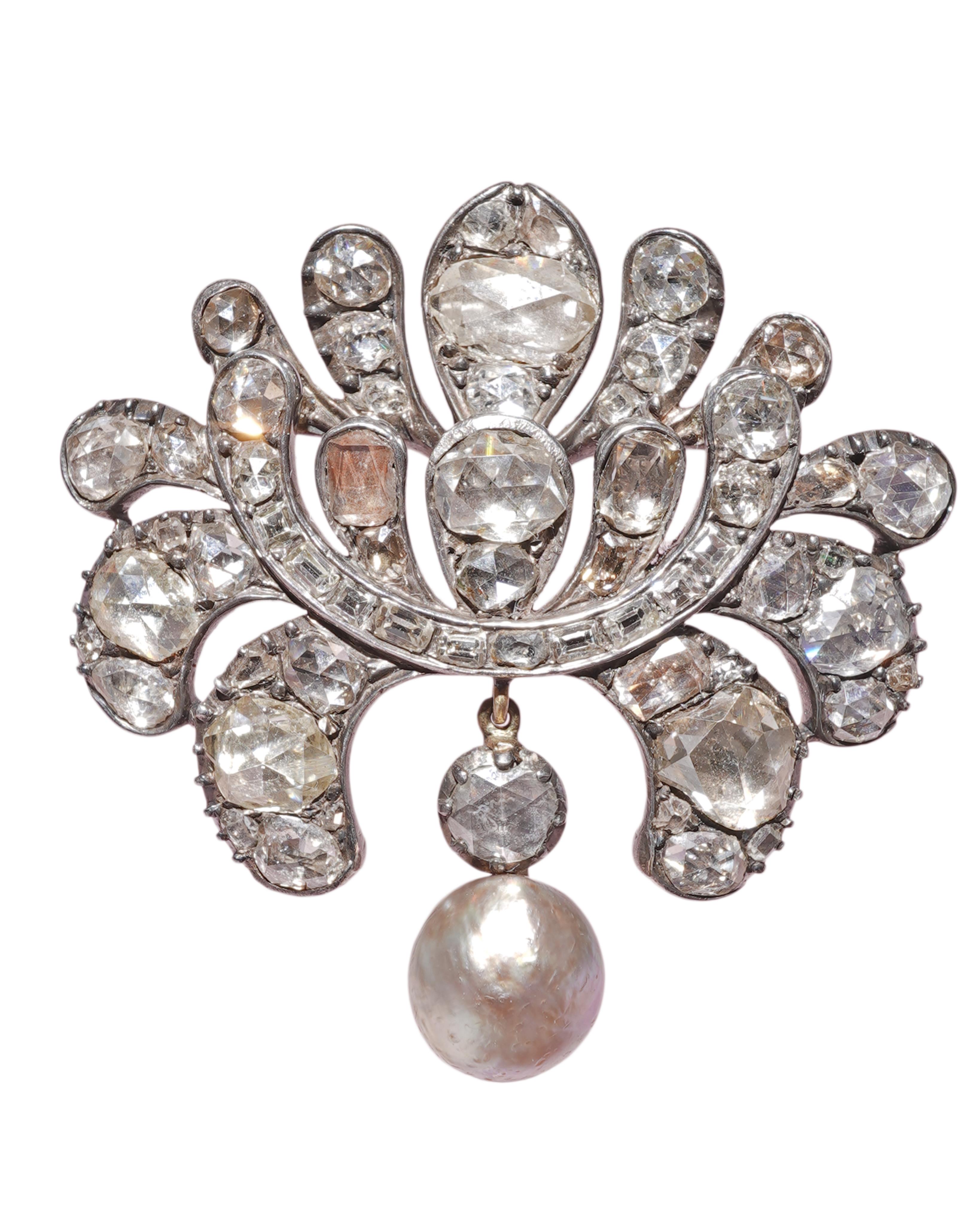 A rare diamond and natural pearl brooch, possibly Ottoman, early 19th century and later